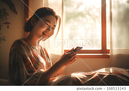 A woman looking happily at her smartphone, AI generated 108513143