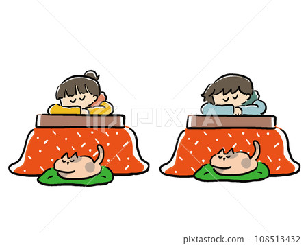 Illustration set of a cat, woman, and man sleeping in a kotatsu (on a desk) 108513432