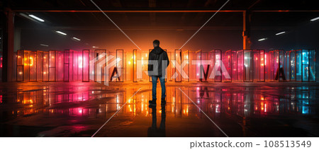 Man looking at the colorful graffiti on the wall in the dark room 108513549