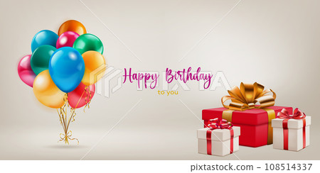 Festive birthday illustration with balloons and gift boxes Festive birthday illustration with balloons and gift boxes 108514337