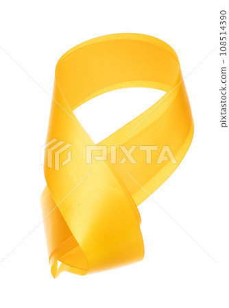 Yellow Gold ribbon long straight fly in air with curve roll shiny. Yellow Golden ribbon for present gift birthday party to wrap around decorate and make of long straight. White background isolated 108514390