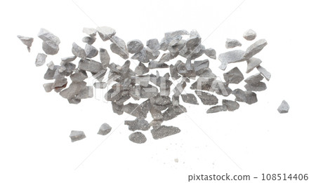 Rock gravel fly explosion fall, gray stone pebbles rock explode abstract cloud fly. Construction rock stone splash in air, object design. White background isolated freeze shot, selective focus blur 108514406
