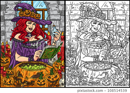 Halloween Witch with Potion Coloring Illustration Halloween Witch with Potion Coloring Illustration 108514539