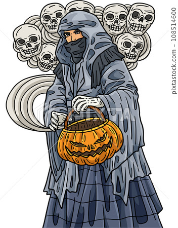 Halloween Hooded Traveler Skull Cartoon Clipart  108514600