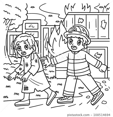Firefighter Escorting Survivor Coloring Page Firefighter Escorting Survivor Coloring Page 108514694