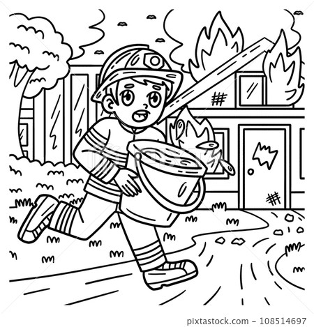 Firefighter with Water Bucket Coloring Page  108514697
