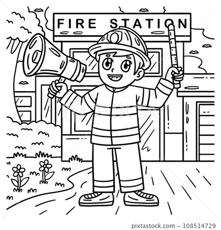 Firefighter with Megaphone Coloring Page for Kids 108514729
