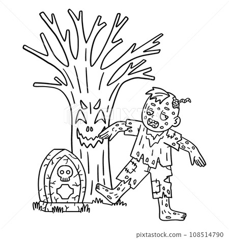 Zombie under a Spooky Tree Isolated Coloring Page 108514790