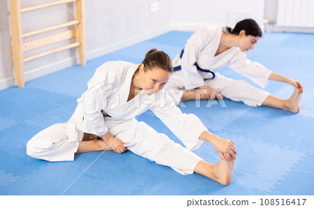 Two women practicing stretching in studio 108516417