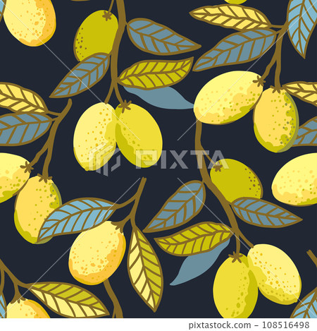 Seamless pattern with lemon fruits and leaves. Vector illustration of lemon branches in minimalistic doodle style. 108516498