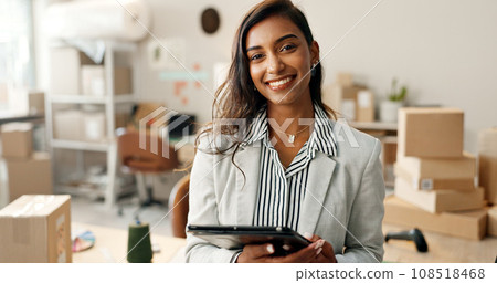 Woman, tablet and happy portrait in office at work, package company and supply chain by logistics expert. Manager, face and business with professional in e commerce career, shipping and job success Woman, tablet and happy portrait in office at work, package company and supply chain by logistics expert. Manager, face and business with professional in e commerce career, shipping and job success 108518468