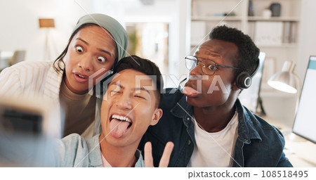 Call center employees, funny selfie and office with tongue, peace sign and happy together for post on web blog. Telemarketing staff, agent or consultant group with comic memory for social network Call center employees, funny selfie and office with tongue, peace sign and happy together for post on web blog. Telemarketing staff, agent or consultant group with comic memory for social network 108518495