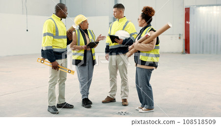 Construction site, meeting and business people in a building planning, discussion or or share renovation ideas. Architecture, project management and engineer team in warehouse for design conversation 108518509