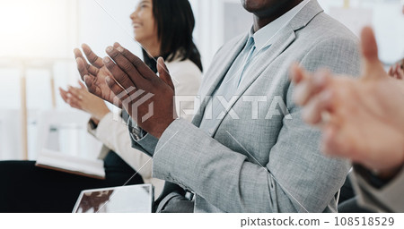 Business people, hands and applause in meeting presentation, conference or team workshop at office. Group clapping in thank you for staff training, celebration or teamwork together at workplace 108518529