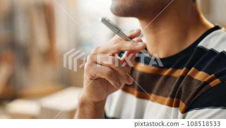 Hands, pen and think with person in business, creative and company with thinking in supply chain. Man, project manager and idea for e commerce, logistics innovation and planning for market growth 108518533