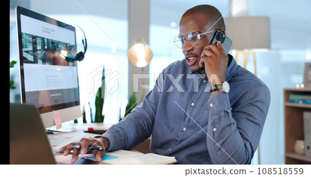 Businessman, notes and phone call for research in office, working and discussion on proposal, report and project. Black person, internet and conversation on agenda, contact us and information in plan 108518559
