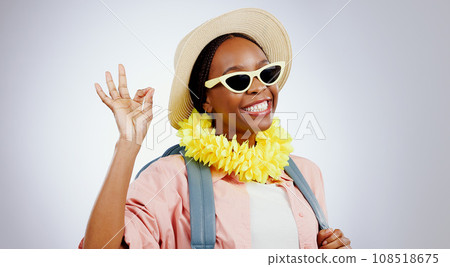 Sunglasses, black woman and ok hands for perfect, portrait and studio isolated on white background mockup. Face, smile or person with okay sign, gesture and hat for travel or vacation recommendation 108518675
