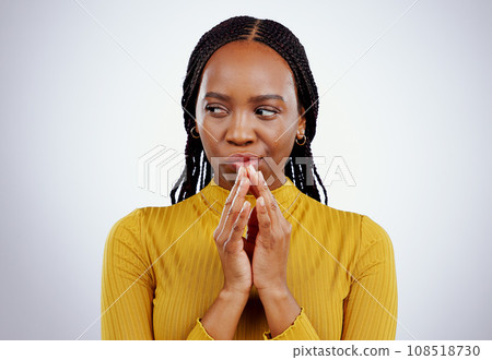 Thinking, black woman and scheme hands in studio for evil, planning or revenge on grey background. Plotting, villain and African female model with steeple emoji for brainstorming, spy or mischief 108518730