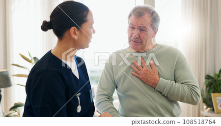 Senior man, nurse and talk on chest pain, heart problem or cardiovascular lung fail, tuberculosis risk or cancer crisis. Hypertension consultation, medical caregiver and helping sick elderly patient Senior man, nurse and talk on chest pain, heart problem or cardiovascular lung fail, tuberculosis risk or cancer crisis. Hypertension consultation, medical caregiver and helping sick elderly patient 108518764