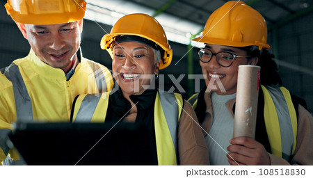Architect, tablet and happy people, factory team or group cooperation on online design, illustration or construction report. Engineer collaboration on warehouse plant, architecture plan or renovation Architect, tablet and happy people, factory team or group cooperation on online design, illustration or construction report. Engineer collaboration on warehouse plant, architecture plan or renovation 108518830