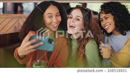 Girl friends, selfie and group in coffee shop for peace sign, care or kiss with smile, love or post for web blog. Women students, photography and profile picture in cafe for reunion with happy memory Girl friends, selfie and group in coffee shop for peace sign, care or kiss with smile, love or post for web blog. Women students, photography and profile picture in cafe for reunion with happy memory 108518831