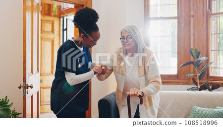 Old woman, walking stick or caregiver in nursing home to help in retirement for medical support. Parkinson, disabled or nurse holding hands of an elderly person in physical therapy rehabilitation 108518996