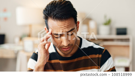 Frustrated man, headache and stress in anxiety, mistake or overworked in logistics at office. Closeup of male person with migraine, mental health or depression in fatigue, fail or bankruptcy and debt Frustrated man, headache and stress in anxiety, mistake or overworked in logistics at office. Closeup of male person with migraine, mental health or depression in fatigue, fail or bankruptcy and debt 108518999