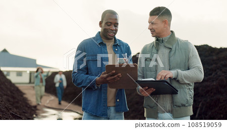 Team, fertilizer business and agriculture of people with clipboard, talking and collaboration. Happy men in discussion for industrial compost plant, recycle soil and organic waste management outdoor Team, fertilizer business and agriculture of people with clipboard, talking and collaboration. Happy men in discussion for industrial compost plant, recycle soil and organic waste management outdoor 108519059