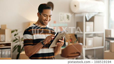 Tablet, man and digital stock check with shipping company, logistics and e commerce with technology. Online inventory checklist, package and supply chain with delivery system, software and courier 108519194