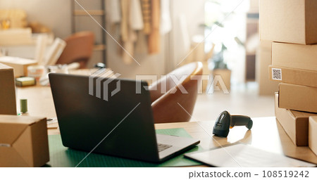 Empty office in startup, boxes or laptop for e commerce, s mall business order or inventory in shop. Background, delivery or scanner technology for courier logistics, cargo stock or online package Empty office in startup, boxes or laptop for e commerce, s mall business order or inventory in shop. Background, delivery or scanner technology for courier logistics, cargo stock or online package 108519242