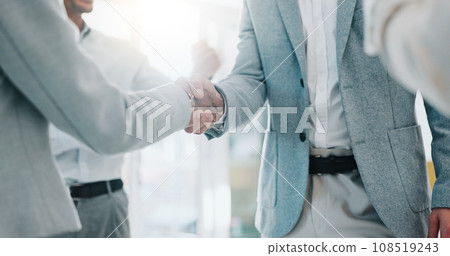 Business people, handshake and applause in meeting, promotion or thank you in teamwork at office. Group of employees shaking hands and clapping in team hiring, recruiting or greeting at workplace 108519243