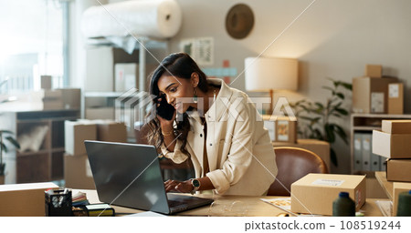 Woman, phone call and laptop, ecommerce and logistics with communication and small business owner. Shipping, check digital inventory list for delivery and networking with supplier and supply chain Woman, phone call and laptop, ecommerce and logistics with communication and small business owner. Shipping, check digital inventory list for delivery and networking with supplier and supply chain 108519244