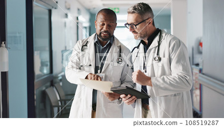 Doctors, teamwork and advice with documents, hospital folder and patient charts for healthcare planning or solution. Professional men with file, digital tablet and medical information or clinic data Doctors, teamwork and advice with documents, hospital folder and patient charts for healthcare planning or solution. Professional men with file, digital tablet and medical information or clinic data 108519287