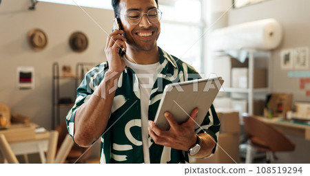 Phone call, fashion and a man with a tablet for a delivery, stock communication or reading email. Ecommerce, sales and an Asian employee with technology and conversation on mobile to check inventory Phone call, fashion and a man with a tablet for a delivery, stock communication or reading email. Ecommerce, sales and an Asian employee with technology and conversation on mobile to check inventory 108519294