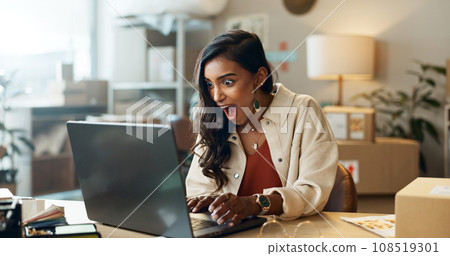 Woman, ecommerce or wow with laptop for sales negotiation, product investment or client growth. Indian, person and shocked or surprised for business meeting, profit review or logistics target at work Woman, ecommerce or wow with laptop for sales negotiation, product investment or client growth. Indian, person and shocked or surprised for business meeting, profit review or logistics target at work 108519301