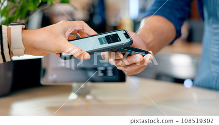 Cashier, customer and phone for POS machine for restaurant fintech, digital payment and easy checkout services. Barista or people hands at point of sale counter with mobile app tap or scan at cafe Cashier, customer and phone for POS machine for restaurant fintech, digital payment and easy checkout services. Barista or people hands at point of sale counter with mobile app tap or scan at cafe 108519302