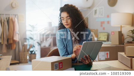 Business woman, tablet and box in logistics for inventory inspection, stock take or storage check at boutique. Female person or fashion designer with technology, parcel or package for courier service Business woman, tablet and box in logistics for inventory inspection, stock take or storage check at boutique. Female person or fashion designer with technology, parcel or package for courier service 108519309