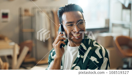 Phone call, fashion and designer with man for small business, thinking of startup and communication in office. Young entrepreneur, seller or tailor on mobile for e commerce contact and clothes idea 108519327