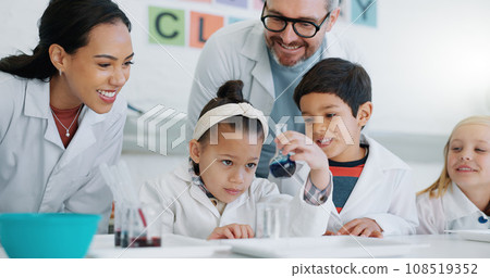 Science, school and students in class with their teachers for learning or to study chemistry. Children, education and scholarship with kids in a laboratory for an experiment of chemical reaction 108519352