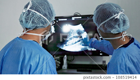 Back, surgery, x ray and a team of doctors in the hospital for an operation or procedure to remove a tumor. Healthcare, medical planning and a surgeon looking at a screen with a medicine professional Back, surgery, x ray and a team of doctors in the hospital for an operation or procedure to remove a tumor. Healthcare, medical planning and a surgeon looking at a screen with a medicine professional 108519414