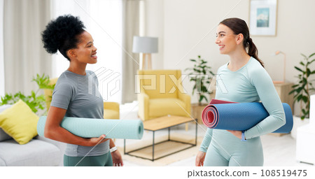 Personal trainer, yoga and women talking in home for wellness, healthy body and support. Fitness friends, living room and people in conversation with gym mat for pilates, exercise and mindfulness Personal trainer, yoga and women talking in home for wellness, healthy body and support. Fitness friends, living room and people in conversation with gym mat for pilates, exercise and mindfulness 108519475