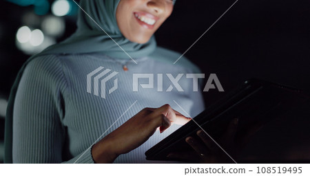 Tablet, night smile or balcony woman reading positive social network feedback, customer experience or ecommerce. Brand monitoring data, Islamic or Muslim media worker analysis of online survey review 108519495
