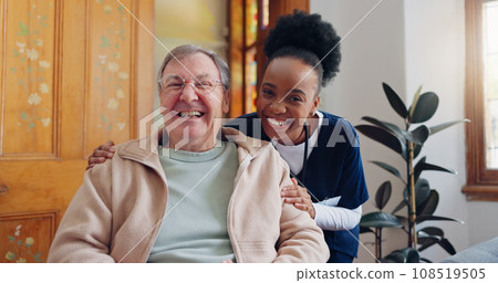 Senior, man or face of nurse in nursing home for support, wellness or healthcare in wheelchair with laugh. Elderly, person and caregiver or professional with portrait for retirement or care in lounge Senior, man or face of nurse in nursing home for support, wellness or healthcare in wheelchair with laugh. Elderly, person and caregiver or professional with portrait for retirement or care in lounge 108519505