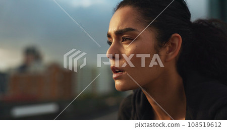 Woman, athlete and thinking outdoor for fitness, exercise or wellness with city background or nature. Runner, person and mindfulness for workout, training and healthy body with sportswear in town Woman, athlete and thinking outdoor for fitness, exercise or wellness with city background or nature. Runner, person and mindfulness for workout, training and healthy body with sportswear in town 108519612