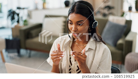 Woman, call center and headphones consulting in remote work, customer service or telemarketing at home office. Female person or consultant agent talking, explaining or online advice for help at house Woman, call center and headphones consulting in remote work, customer service or telemarketing at home office. Female person or consultant agent talking, explaining or online advice for help at house 108519925