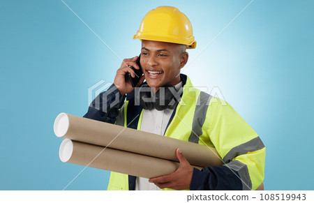Engineering, man and phone call of construction design planning or project management communication in studio. Builder or worker with mobile chat, blueprint and architecture advice on blue background 108519943