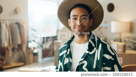 Happy, fashion and portrait of a man in retail for store management, ecommerce or designer work. Smile, mockup and an Asian employee at a distribution shop for clothes, sale or logistics of stock Happy, fashion and portrait of a man in retail for store management, ecommerce or designer work. Smile, mockup and an Asian employee at a distribution shop for clothes, sale or logistics of stock 108520013