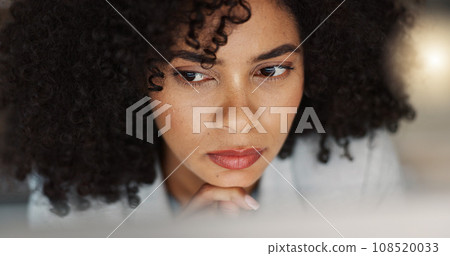 Thinking, ideas and businesswoman on a computer in the office doing legal research for a case. Technology, reading and professional attorney from Mexico working on a law project in modern workplace. Thinking, ideas and businesswoman on a computer in the office doing legal research for a case. Technology, reading and professional attorney from Mexico working on a law project in modern workplace. 108520033