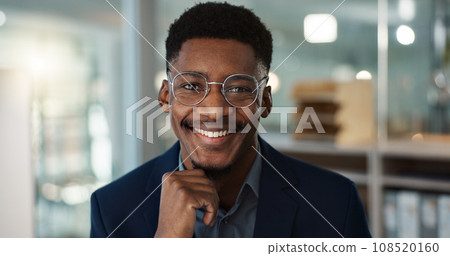 Young businessman, face and glasses in office with confident and positive attitude for startup at work. Employee, professional and portrait of entrepreneur and happy or ready for career in accounting 108520160