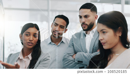 Business woman, coaching and schedule planning in teamwork, brainstorming or strategy in meeting at office. Female person or mentor with group in staff training, project plan or tasks at workplace Business woman, coaching and schedule planning in teamwork, brainstorming or strategy in meeting at office. Female person or mentor with group in staff training, project plan or tasks at workplace 108520185